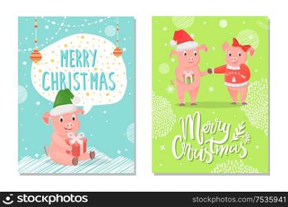 Greeting card Merry Christmas 2019 illustration. Sitting pink piggy in santa hat with gift box. Boy in red cap holding gift. Girl in jersey and bow vector. Greeting Card Merry Christmas with Piggy Vector