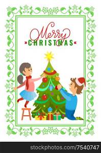 Greeting card Merry Christmas wishes, boy and girl decorating New Year tree on Xmas eve. Vector evergreen plant topped by stars, presents gifts under spruce. Greeting Card Merry Christmas Wishes, Boy and Girl