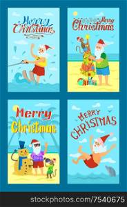 Greeting card Merry Christmas with Santa Claus and monkey in red hat. Swimming and wakeboarding, making photos and fir-tree with snowman vector icons. Santa and Monkey Greeting Merry Christmas Vector
