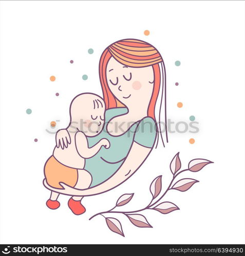 Greeting card mother&rsquo;s day. A pretty mother holds cute baby. Linear illustration. Vector emblem. The floral pattern.