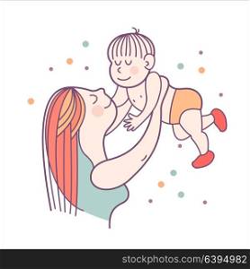 Greeting card mother&rsquo;s day. A pretty mother holds cute baby. Linear illustration. Vector emblem. The floral pattern.