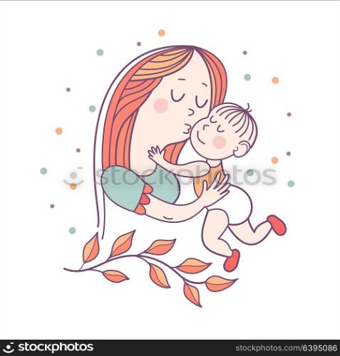 Greeting card mother&rsquo;s day. A pretty mother holds cute baby. Linear illustration. Vector emblem. The floral pattern.