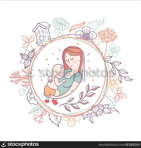 Greeting card mother&rsquo;s day. A pretty mother holds cute baby. Linear illustration. Vector emblem. The floral pattern.