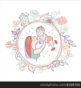 Greeting card mother&rsquo;s day. A pretty mother holds cute baby. Linear illustration. Vector emblem. The floral pattern.