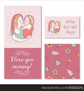 Greeting card mother&rsquo;s day. The best mom. A pretty mother holds . Greeting card mother&rsquo;s day. The best mom. A pretty mother holds cute baby. Linear illustration. Vector emblem. The floral pattern.