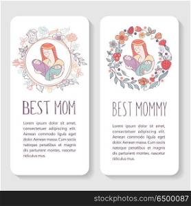 Greeting card mother&rsquo;s day. The best mom. A pretty mother holds . Greeting card mother&rsquo;s day. The best mom. A pretty mother holds cute baby. Linear illustration. Vector emblem. The floral pattern.
