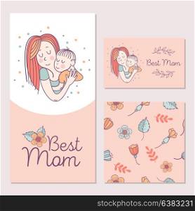 Greeting card mother&rsquo;s day. The best mom. A pretty mother holds cute baby. Linear illustration. Vector emblem. Floral seamless pattern.