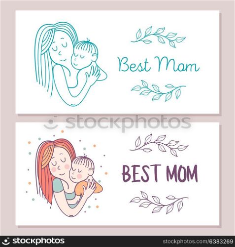 Greeting card mother&rsquo;s day. The best mom. A pretty mother holds cute baby. Linear illustration. Vector emblem. The floral pattern.