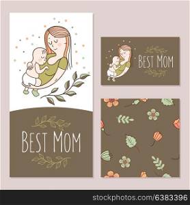 Greeting card mother&rsquo;s day. The best mom. A pretty mother holds cute baby. Linear illustration. Vector emblem. Floral seamless pattern.