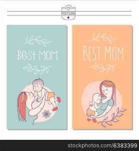 Greeting card mother&rsquo;s day. The best mom. A pretty mother holds cute baby. Linear illustration. Vector emblem. The floral pattern.