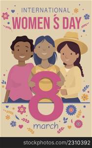 Greeting Card of INTERNATIONAL WOMEN S DAY. Group of Hispanic indigenous women holding the number 8 surrounded by flowers and hearts in pink, blue and yellow on pastel yellow background. Vector image