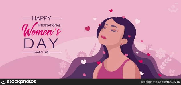 Greeting Card of INTERNATIONAL WOMEN S DAY. Woman with eyes closed and head up breathing easy with hearts coming out of her hair in pink and purple color with flower behind her against pink background. Vector image