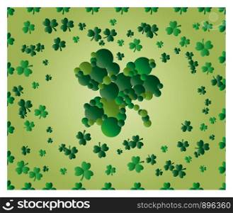 Greeting card of St. Patrick with sparkling green leaves of clover, and with green clover leaf consisting of circles