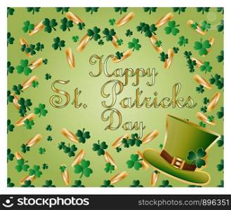 Greeting card of St. Patrick with sparkling green leaves of clover, gold coins, green hat and inscription - Happy St. Patrick's Day