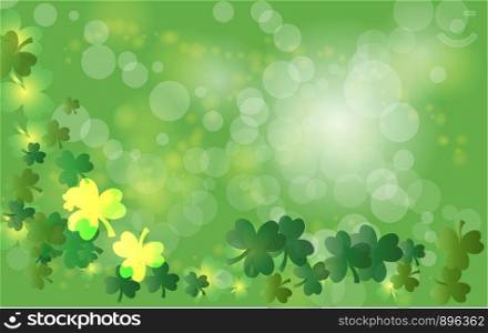 Greeting card of St. Patrick with sparkling green leaves of the clover and place for the text.