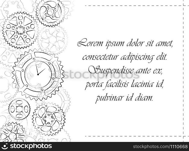 Greeting card or wedding invitation template. Clocks and gears black contour stylish design invite postcard. Elegant vector illustration with cogs and wheels background.. Greeting postcard with gears and clock