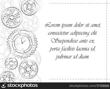 Greeting card or wedding invitation template. Clocks and gears black contour stylish design invite postcard. Elegant vector illustration with cogs and wheels background.. Greeting postcard with gears and clock