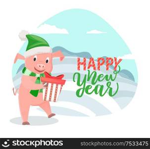 Greeting card pig wishing happy New Year and going to present gift box in decorative wrapping isolated. Piglet at wintertime snowy landscape, vector. Greeting Card with Pig Wishing Happy New Year