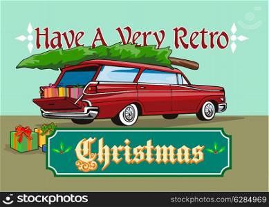 "Greeting card poster illustration showing a christmas tree on top of vintage station wagon automobile with gifts presents in the car boot and words "Have a very retro christmas"."