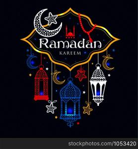 Greeting Card Ramadan Kareem design with lamps and moons.. Greeting Card Ramadan Kareem