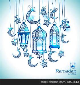 Greeting Card Ramadan Kareem design with lamps and moons. Vector frame illustration.. Greeting Card Ramadan Kareem