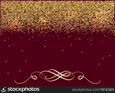 Greeting card red with Gold glitter Background with place for your text copy space and golden flourish.. Greeting card red with Gold glitter Background with place for your text copy space and golden flourish