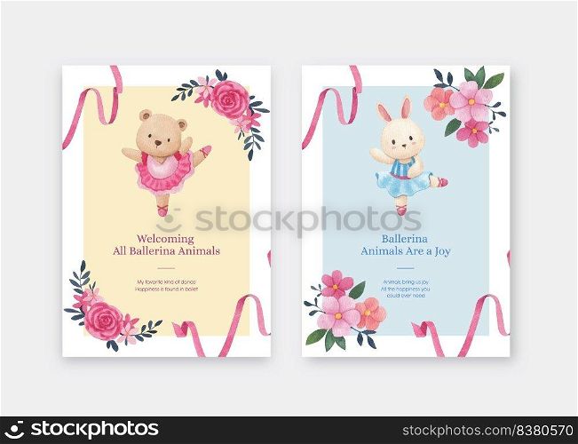 Greeting card template with Fairy ballerinas animals concept,watercolor style 