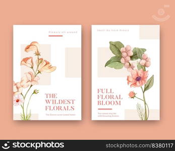 Greeting card template with wild flowers concept,watercolor style