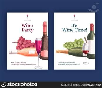 Greeting card template with wine party concept,watercolor style