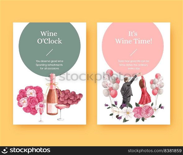 Greeting card template with wine party concept,watercolor style