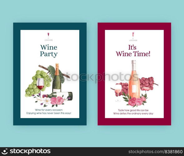 Greeting card template with wine party concept,watercolor style