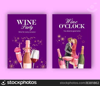 Greeting card template with wine party concept,watercolor style