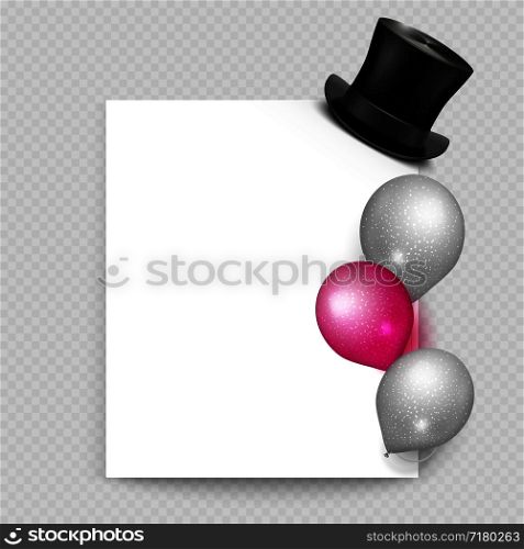 Greeting card vector template with blank paper sheet, realistic balloons and vintage top hat illustration. Greeting card vector realistic balloons and vintage