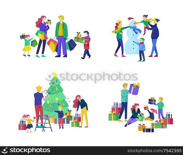 greeting card winter Holidays. Merry Christmas and Happy New Year. People Characters familydecorating Christmas tree, making snowman, preparing for celebrating, buying and give present, unpack gift. greeting card winter Holidays. Merry Christmas and Happy New Year Website. People Characters family with present decorating Christmas tree on background of interior