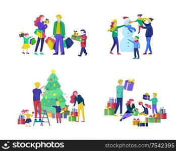greeting card winter Holidays. Merry Christmas and Happy New Year. People Characters familydecorating Christmas tree, making snowman, preparing for celebrating, buying and give present, unpack gift. greeting card winter Holidays. Merry Christmas and Happy New Year Website. People Characters family with present decorating Christmas tree on background of interior