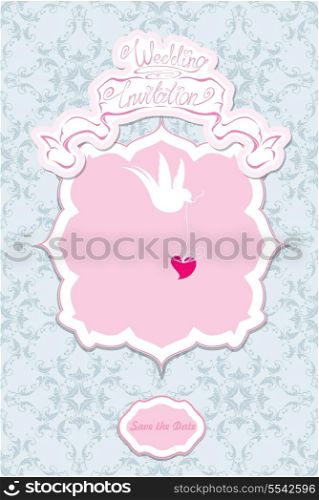Greeting Card with a lace ornament. Floral Background with white bird and heart in it`s beak. Wedding invitation - hand drawn text.
