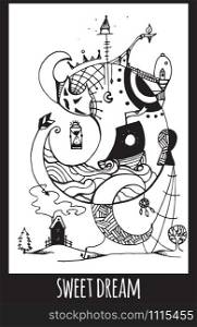 Greeting card with abstract ink drawing on the theme of the dream, the keeper of dreams for your creativity