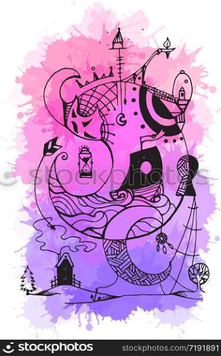 Greeting card with abstract ink drawing on the theme of the dream, the keeper of dreams with watercolor background for your creativity. Greeting card with abstract ink drawing on the theme of the drea
