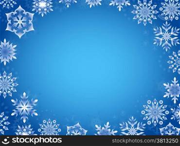 Greeting card with azure snowflakes around the perimeter, hand drawing vector illustration