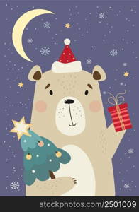 Greeting card with cute bear in Santa hat with Christmas tree and gift on background with snowflakes and moon. Vertical vector illustration in flat style. Greeting card, for print and design 