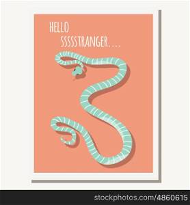 Greeting card with cute blue striped snake and text message, vector illustration