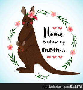 Greeting card with cute kangaroo with its baby in hand drawn style. Australian animal. Design element for poster, banner, t-shirt print and other. Vector illustration.. Hand drawn cute kangaroo with its baby