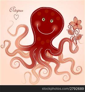 Greeting card with cute octopus with flower
