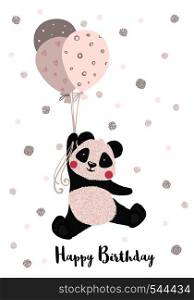 Greeting card with cute panda with balloons in hand drawn style. Cartoon animal. Design element for poster, banner, t-shirt and other. Vector illustration.. Greeting card with cute panda with balloons.