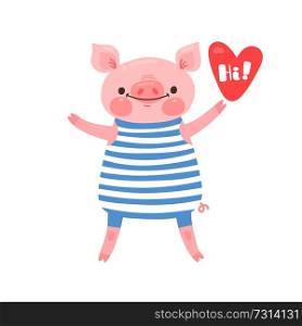 Greeting card with cute piglet. Sweet pig says hi. Vector illustration.. Greeting card with cute piglet. Sweet pig says hi. Vector illustration