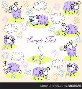 Greeting card with cute sheeps on a meadow