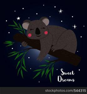 Greeting card with cute sleeping on tree koalal in hand drawn style. Cartoon animal. Design element for poster, banner, t-shirt and other. Vector illustration.. Cute sleeping koalal in hand drawn style.