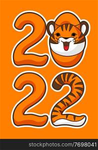 Greeting card with cute tiger. Symbol of Happy Chinese New Year 2022. Animal cartoon character.. Greeting card with cute tiger. Symbol of Happy Chinese New Year 2022.