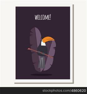Greeting card with cute toucan parrot and text message, vector illustration