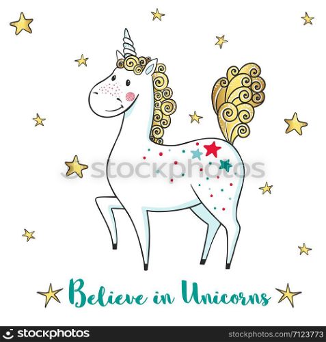 Greeting card with cute Unicorn and stars. Cartoon hand drawn unicorn. Vector illustration. Design for greeting cards, t-shirt and other